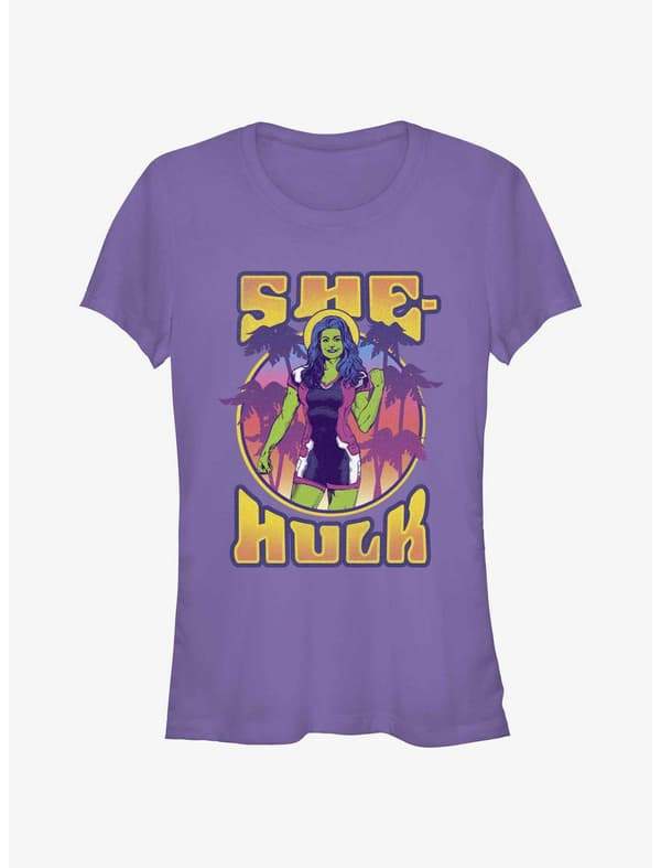 She-Hulk paradise t-shirt / shop it <a href= https://www.hottopic.com/product/marvel-she-hulk-attorney-at-law-justice-scale-necklace/19568490.html>here</a>