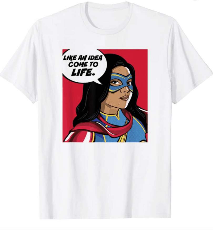 Ms. Marvel quote bubble t-shirt / shop it <a href=https://www.amazon.com/Marvel-Comic-Quote-Bubble-T-Shirt/dp/B09YVYHHH8?ref_=ast_sto_dp&th=1&psc=1>here</a>