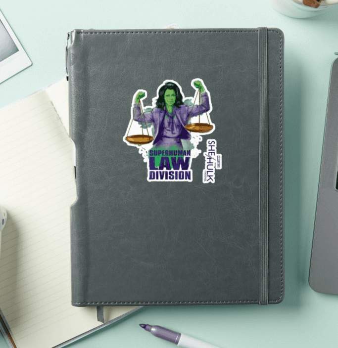 She-Hulk sticker / shop it <a href= https://www.zazzle.com/she_hulk_scales_of_justice_superhuman_law_division_sticker-256721287332719244>here</a>