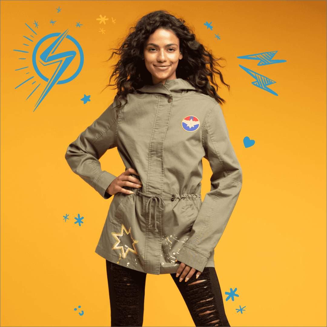 Ms. Marvel jacket / shop it <a href=https://www.hottopic.com/product/her-universe-marvel-ms.-marvel-patch-girls-anorak-jacket/15632166.html>here</a>