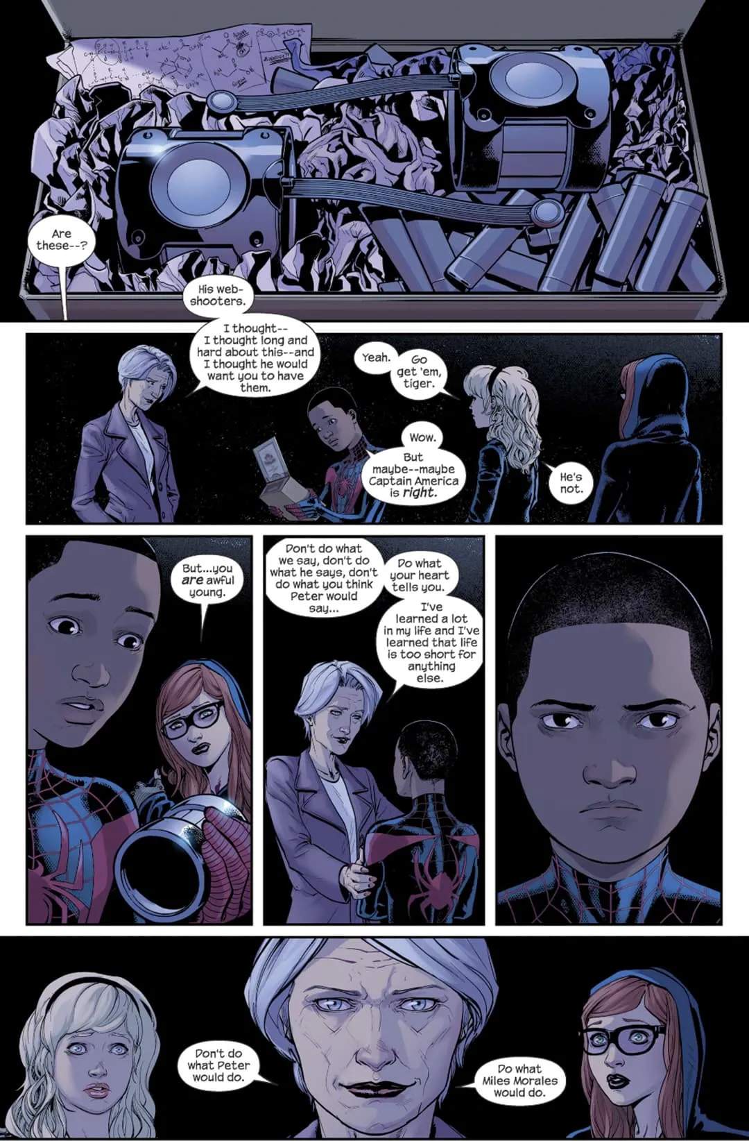 May, Gwen, and Mary Jane giving Miles Peter's web shooters