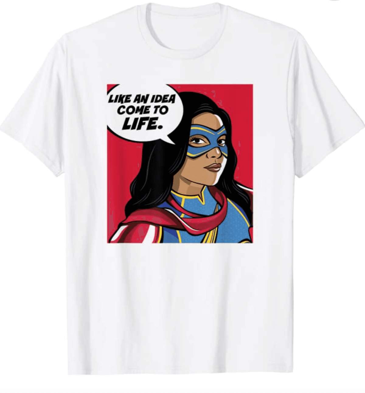 Ms. Marvel quote bubble t-shirt / shop it <a href=https://www.amazon.com/Marvel-Comic-Quote-Bubble-T-Shirt/dp/B09YVYHHH8?ref_=ast_sto_dp&th=1&psc=1>here</a>