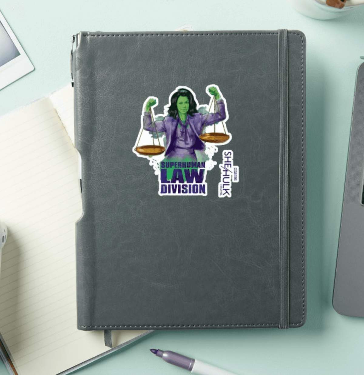 She-Hulk sticker / shop it <a href= https://www.zazzle.com/she_hulk_scales_of_justice_superhuman_law_division_sticker-256721287332719244>here</a>