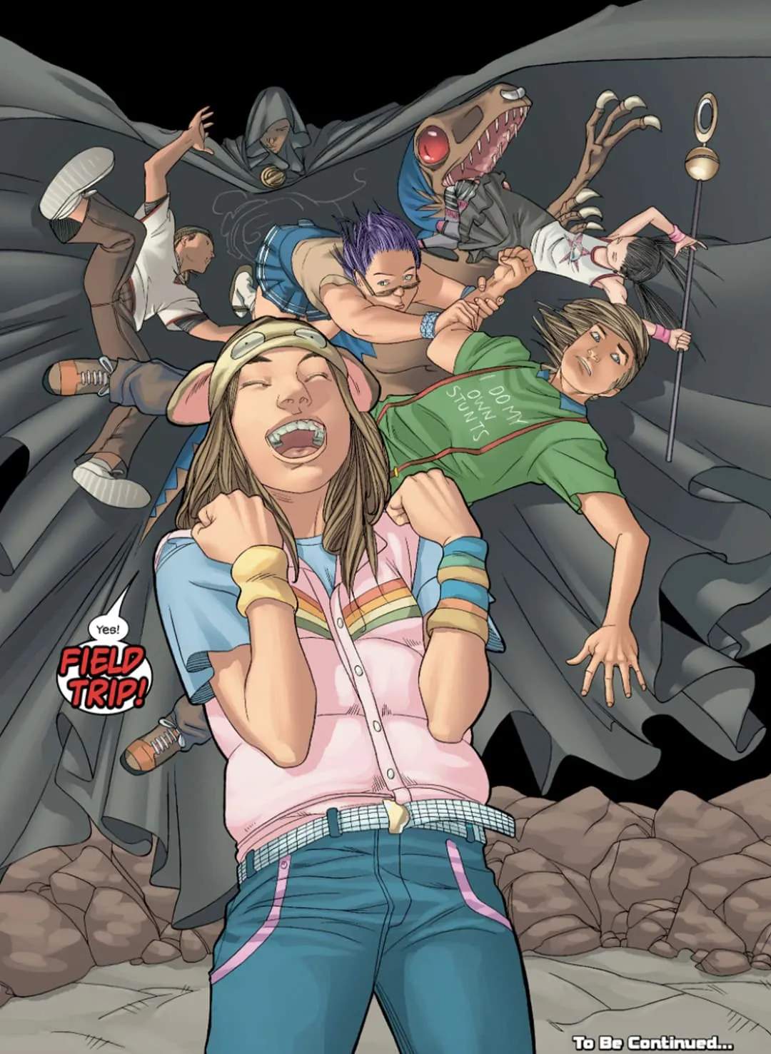 Molly and the Runaways being teleported by Cloak.