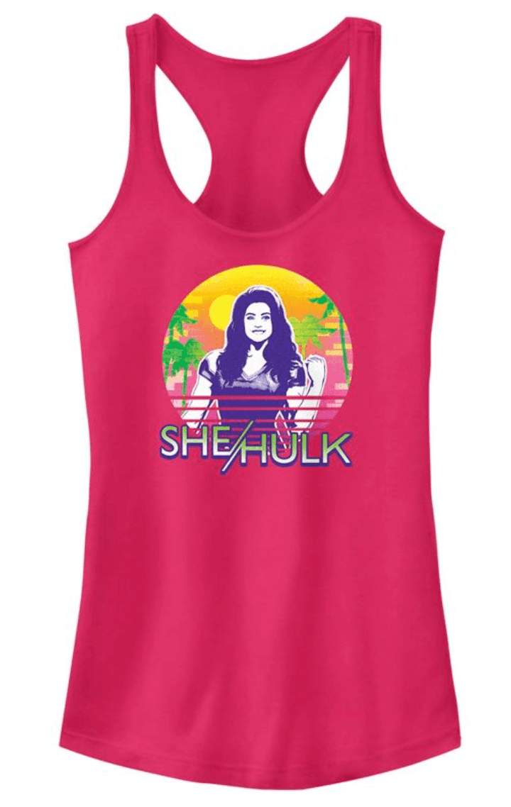 She-Hulk beach tank top / shop it <a href=https://www.target.com/p/junior-s-she-hulk-attorney-at-law-hero-at-the-beach-racerback-tank-top/-/A-87384641?preselect=87384640#lnk=sametab>here</a>