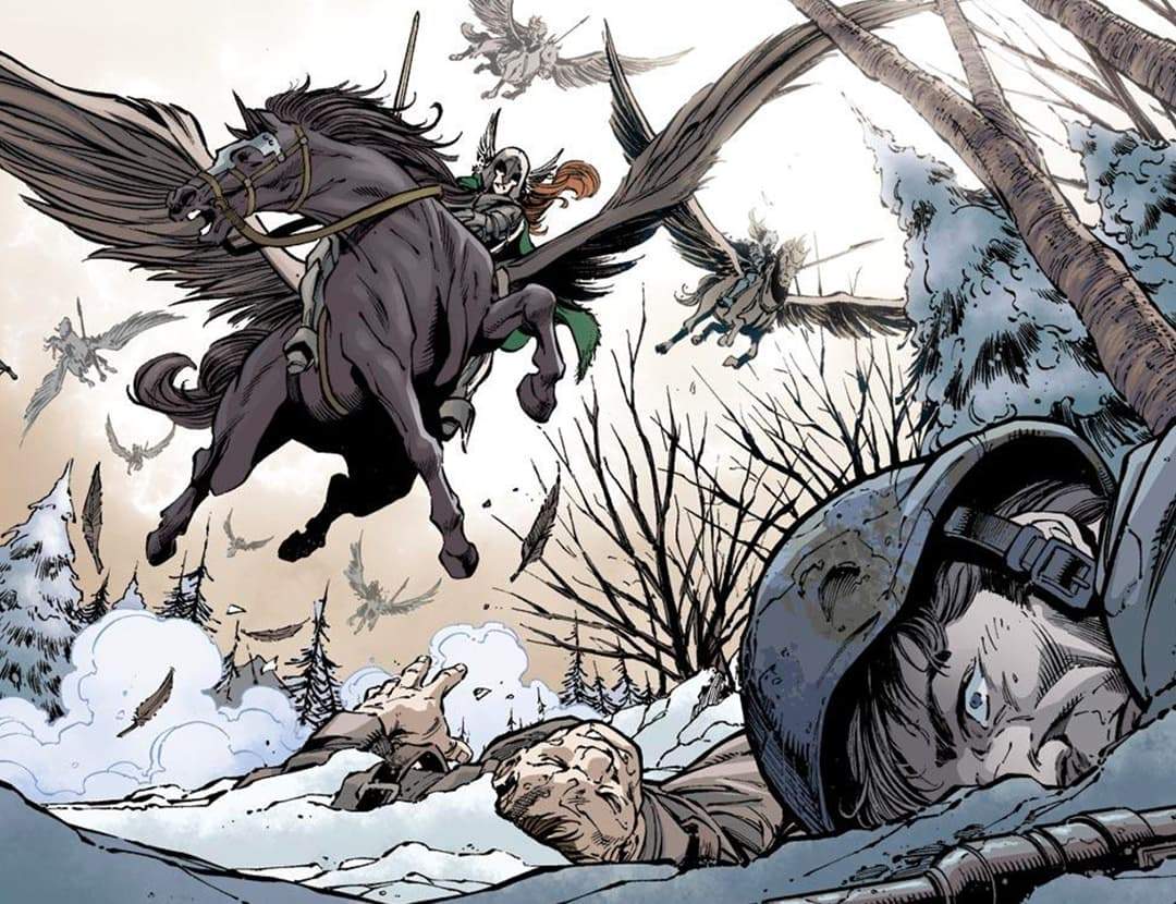 Valkyrie riding her flying horse, Aragorn.