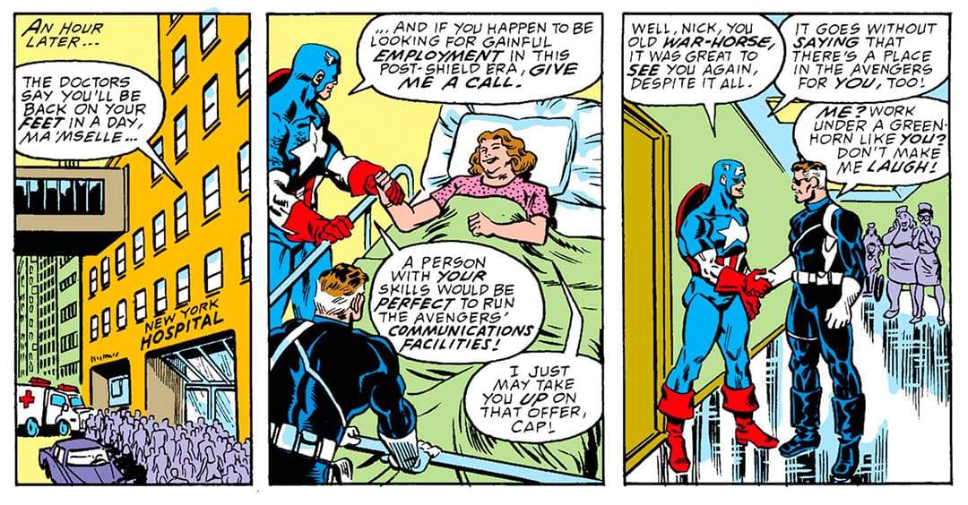 Captain American and Nick Fury visit Peggy in the hospital.