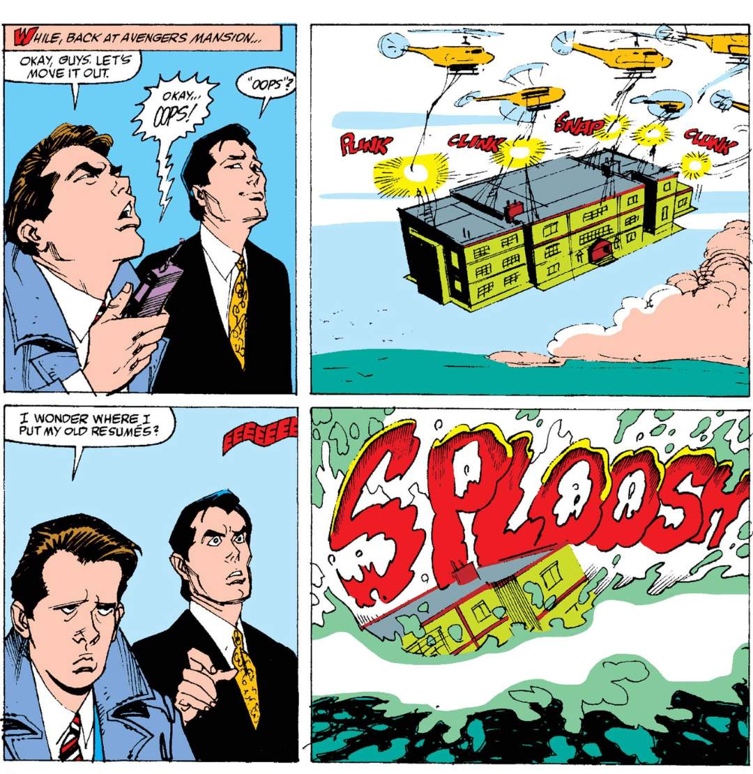 Damage Control drops Avengers Mansion in a river