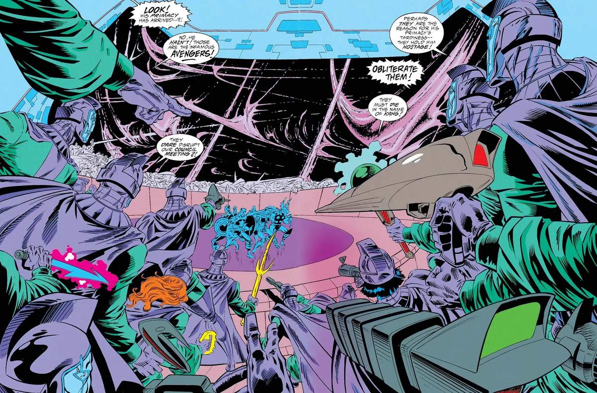The Avengers interrupt a council meeting in AVENGERS: THE TERMINATRIX OBJECTIVE (1993) #2.