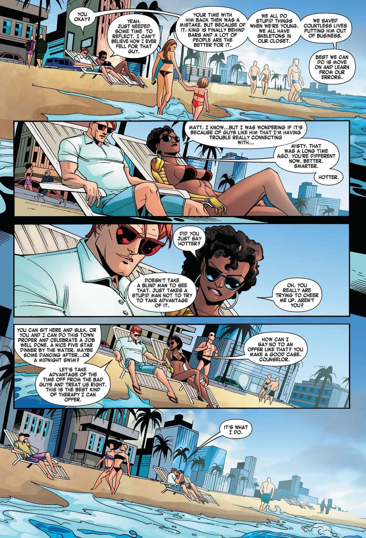 Daredevil and Misty Knight kick back and relax on the beach.
