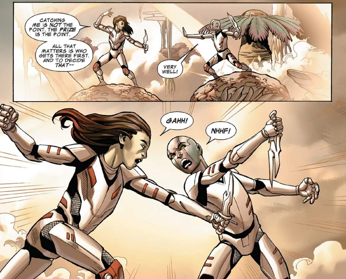 Gamora and Nebula duel in MARVEL'S GUARDIANS OF THE GALAXY PRELUDE (2014) #1,