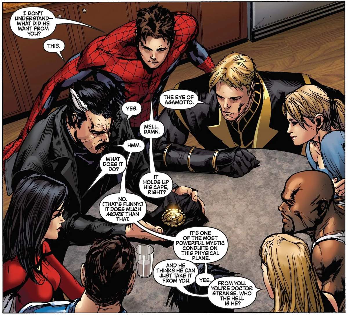 Strange lays out the scenario for the New Avengers, plus Spider-Man.