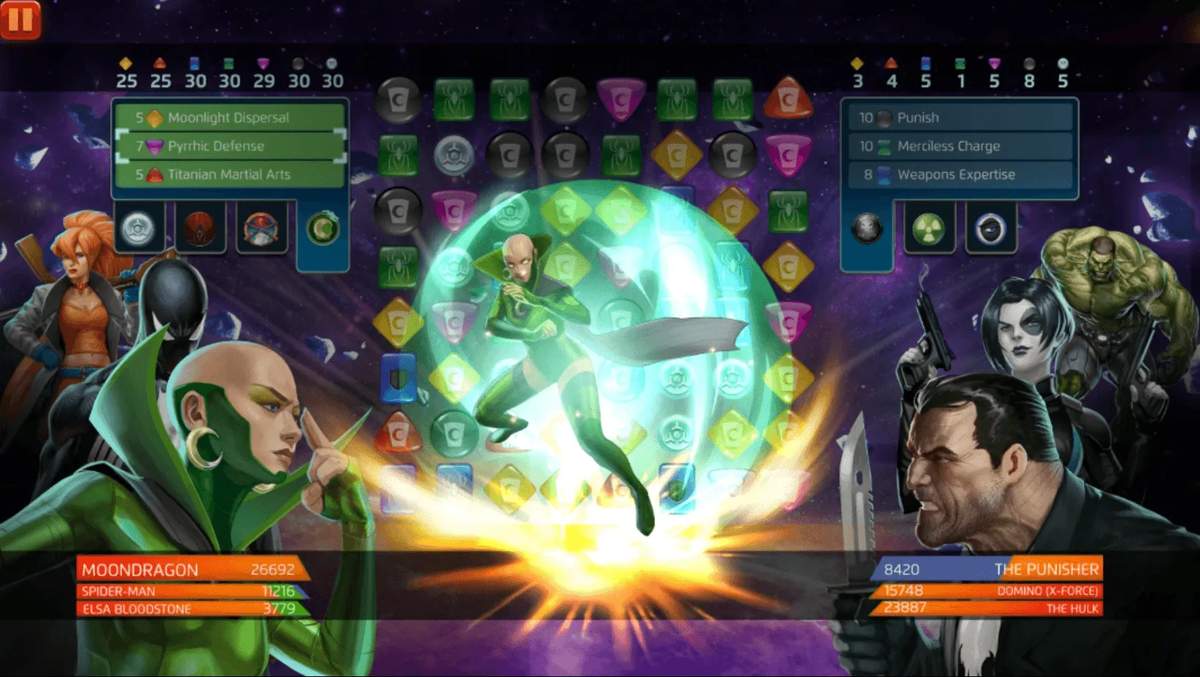 Moondragon (Heather Douglas) uses Pyrrhic Defense in MARVEL Puzzle Quest