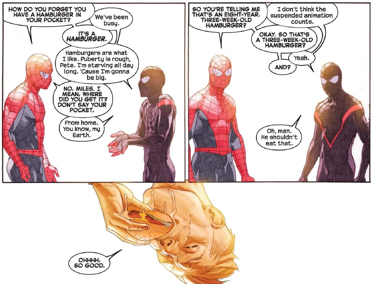 Miles Morales shares a hamburger with Molecule Man in SECRET WARS (2015) #6.