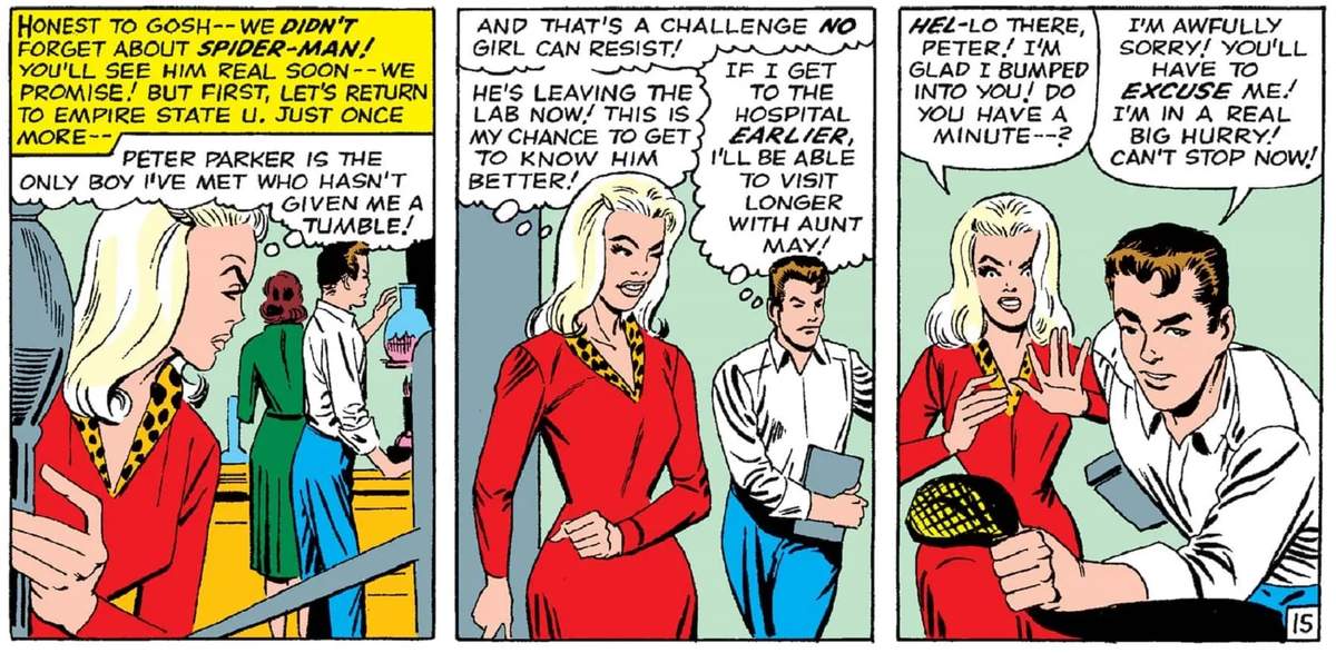 The first appearance of Gwen Stacy in THE AMAZING SPIDER-MAN (1963) #31.