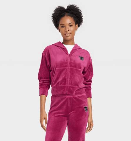 Shop it <a href=https://www.target.com/p/women-s-marvel-wakanda-forever-velour-graphic-zip-up-hoodie-berry-red/-/A-86391680?preselect=86251548#lnk=sametab>here</a>
