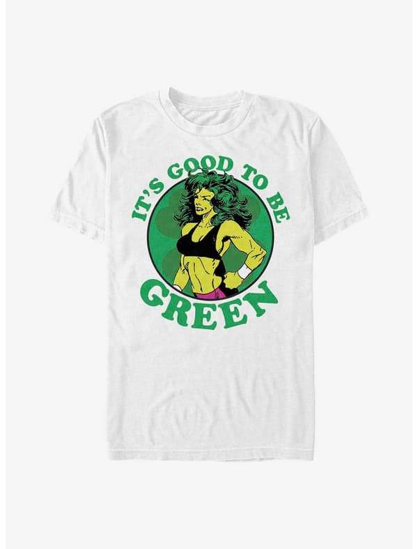 She-Hulk comic greent-shirt / shop it <a href=  https://www.hottopic.com/product/marvel-she-hulk-its-good-to-be-green-t-shirt/19698812.html >here</a>