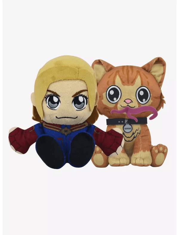 Shop it <a href=https://www.hottopic.com/product/marvel-captain-marvel-goose-kuricha-sitting-plush-bundle/20278646.html>here</a>