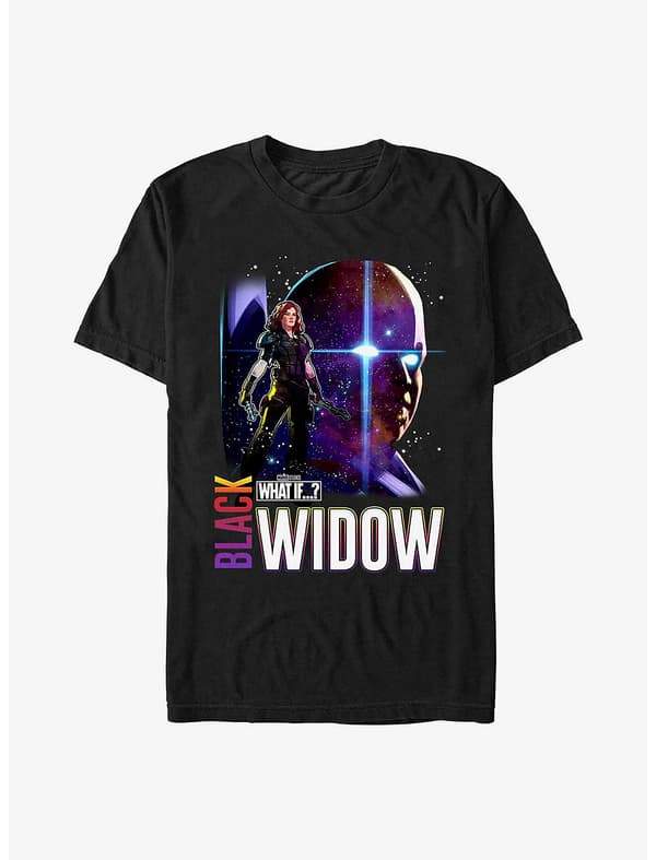 Post Apocalyptic Black Widow & The Watcher T-Shirt / shop it <a href=”https://www.hottopic.com/product/marvel-what-if-post-apocalyptic-black-widow-the-watcher-t-shirt/16976298.html">here</a>