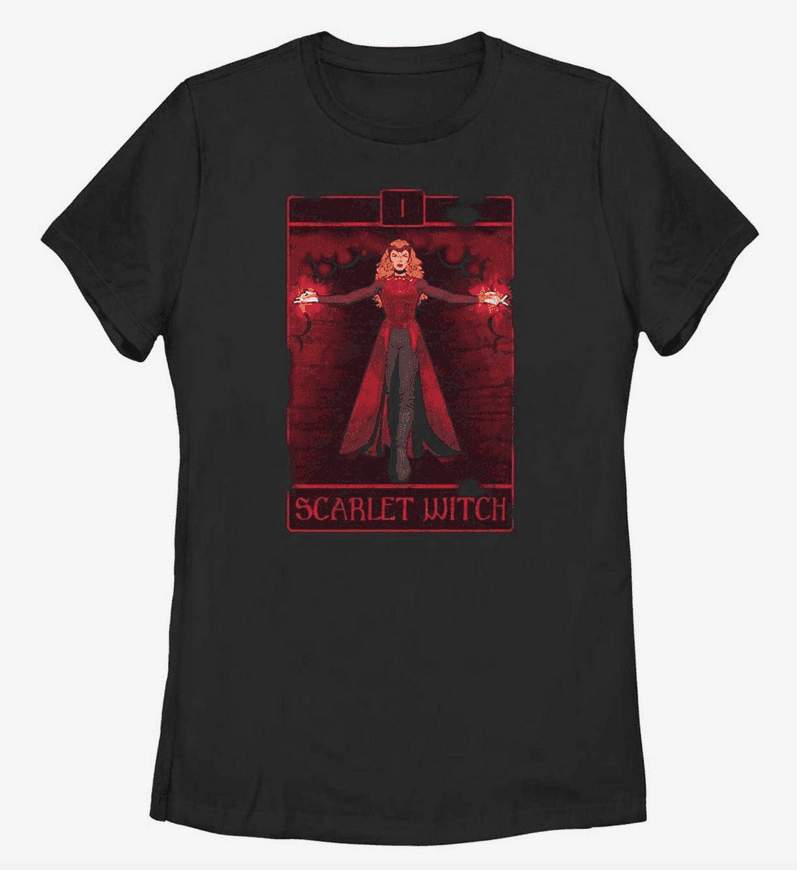 Scarlet Witch Tarot t-shirt / shop it <a href=https://www.boxlunch.com/product/marvel-doctor-strange-in-the-multiverse-of-madness-scarlet-witch-tarot-womens-t-shirt/18804578.html>here</a>