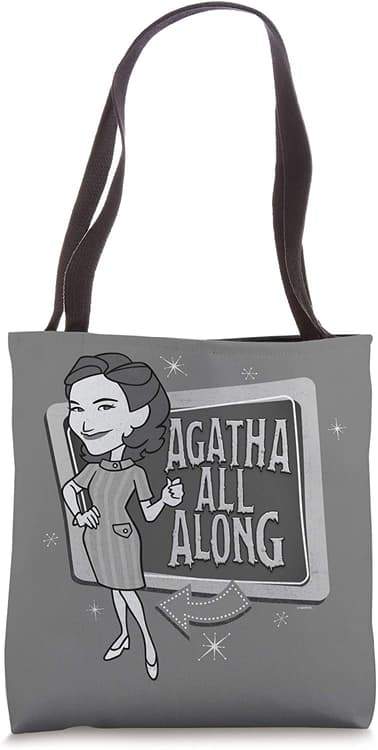 <a href=https://www.amazon.com/Marvel-WandaVision-Agnes-Harkness-Agatha/dp/B08XNB1RLM>Agatha All Along Tote Bag</a> / Amazon
