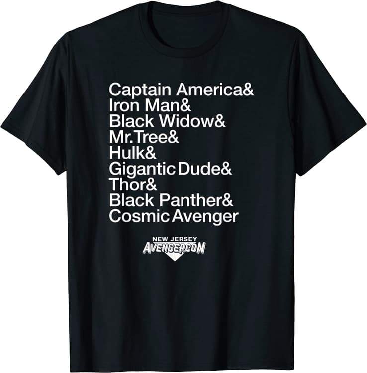 AVENGERCON NAME STACK t-shirt / shop it <a href=https://www.amazon.com/Marvel-Stack-Jersey-Avengercon-T-Shirt/dp/B09YT1R851>here</a>