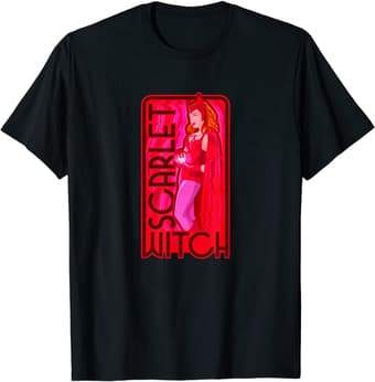 <a href=https://www.amazon.com/Marvel-WandaVision-Scarlet-Witch-T-Shirt/dp/B091F37257>Scarlet Witch Retro Card T-Shirt</a> / Amazon