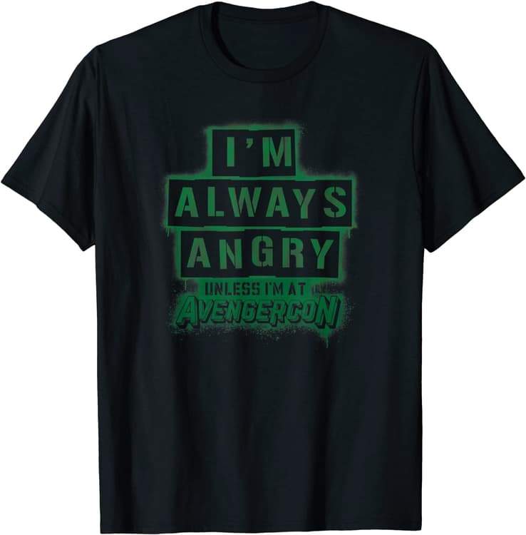 I’M ALWAYS ANGRY UNLESS I’M AT AVENGERCON t-shirt / shop it <a href=https://www.amazon.com/Marvel-Always-Angry-Stencil-T-Shirt/dp/B09YTH2B46>here</a>