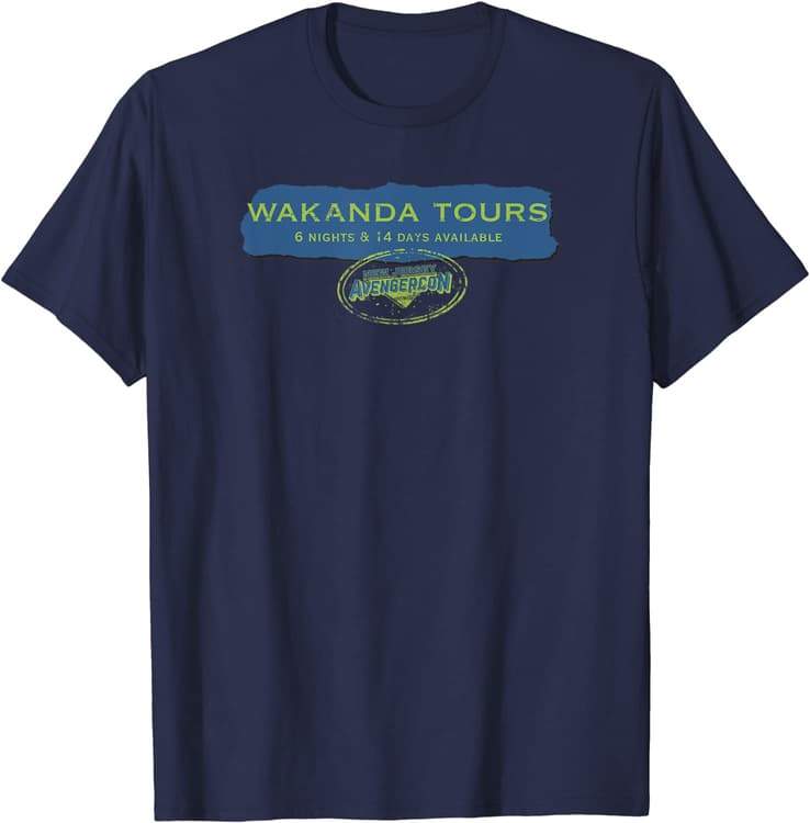 WAKANDA TOURS t-shirt / shop it <a href=https://www.amazon.com/Marvel-Wakanda-Tours-Avengercon-T-Shirt/dp/B09YSZM3TL>here</a>