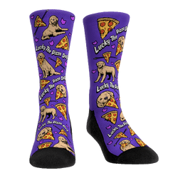 Shop it <a href=https://rockemsocks.com/products/hawkeye-lucky-the-pizza-dog>here</a>