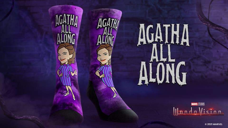 <a href=https://rockemsocks.com/collections/wandavision/products/wandavision-agatha-all-along>’Agatha All Along’ Socks </a> / Rock ‘Em Socks