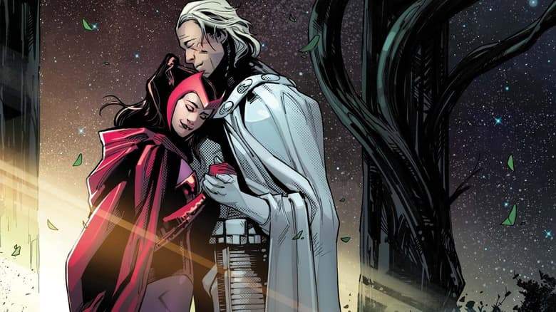 Scarlet Witch and Magneto embrace.