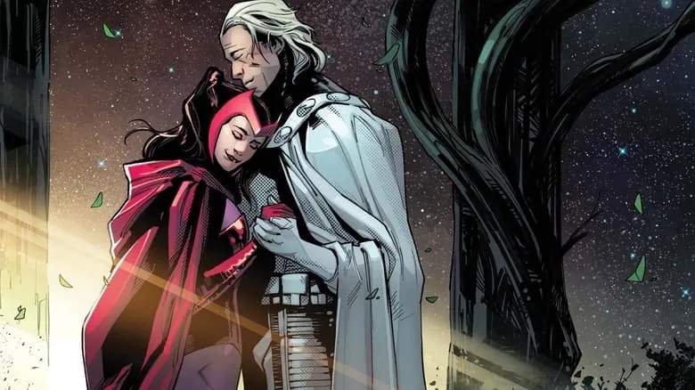 Scarlet Witch and Magneto embrace.