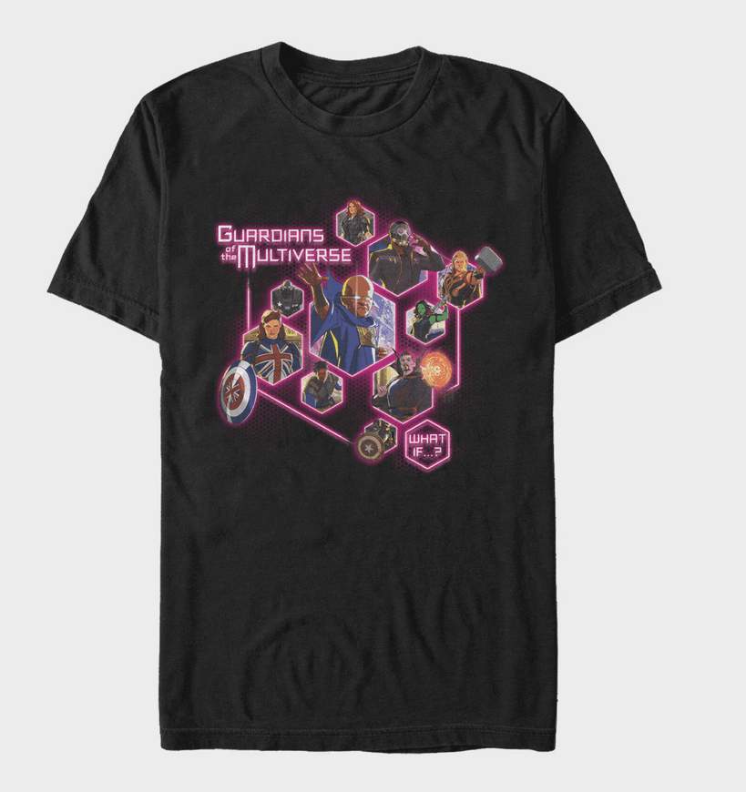 Guardians of the Multiverse Pods T-Shirt / shop it <a href=”https://www.hottopic.com/product/marvel-what-if-guardians-of-the-multiverse-pods-t-shirt/17032955.html">here</a>
