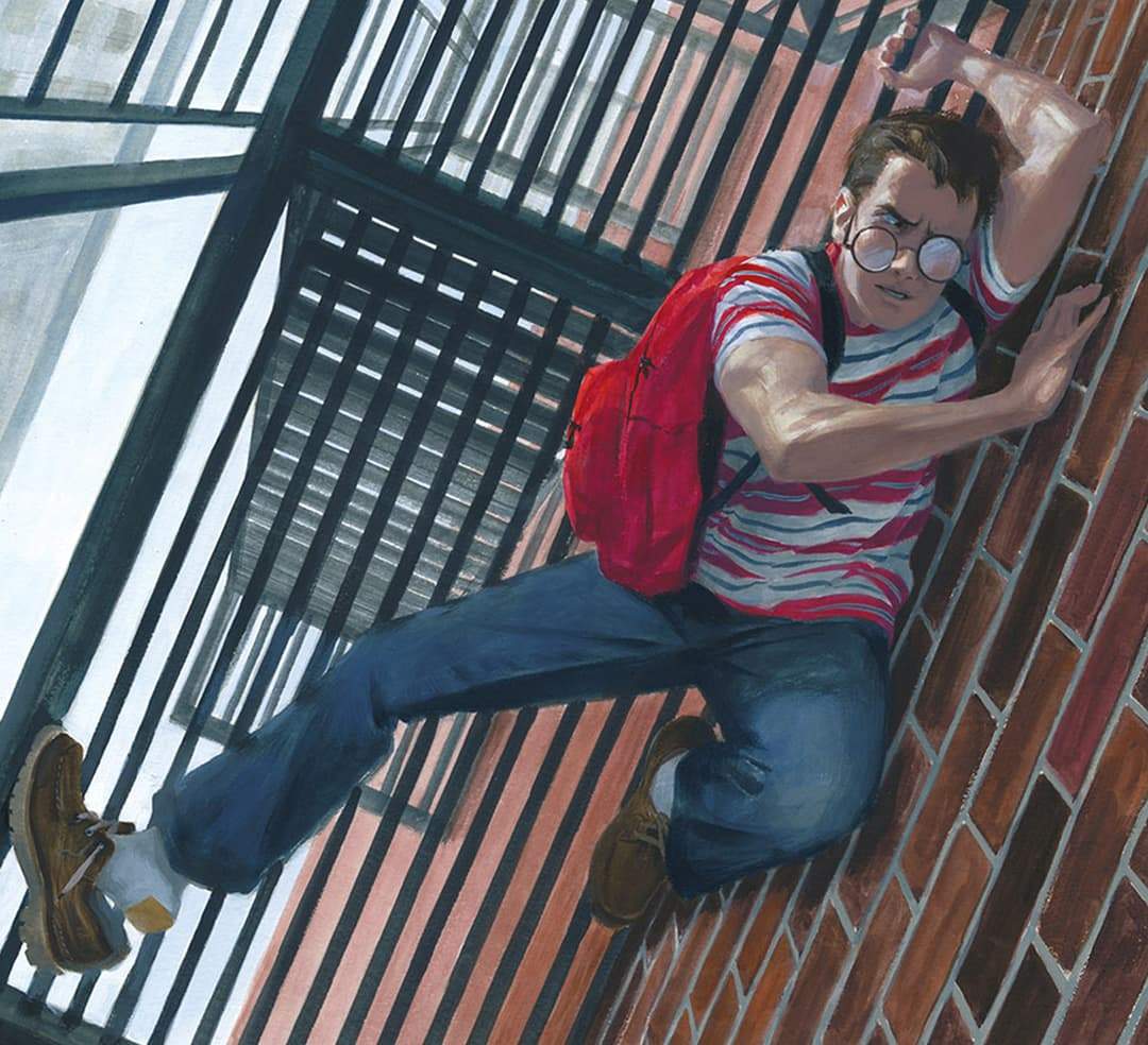 Peter Parker clinging on to the bottom of a metal fire escape to a building