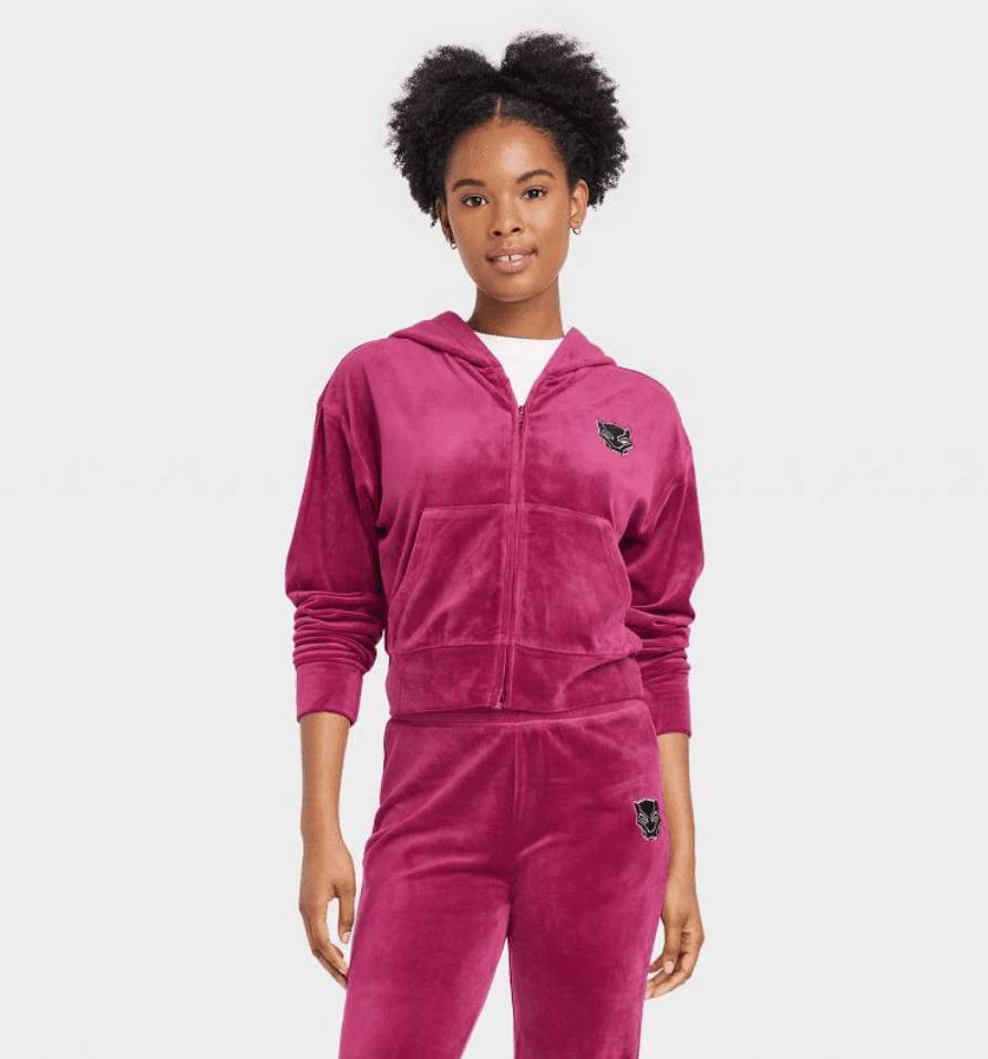 Shop it <a href=https://www.target.com/p/women-s-marvel-wakanda-forever-velour-graphic-zip-up-hoodie-berry-red/-/A-86391680?preselect=86251548#lnk=sametab>here</a>
