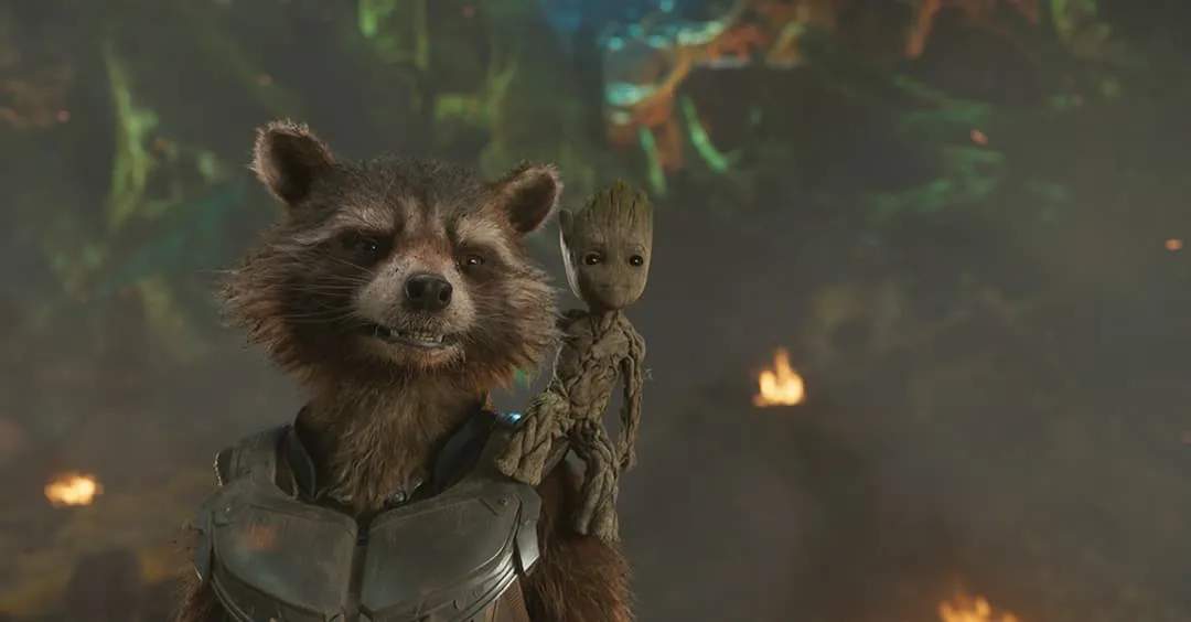 Rocket Raccoon with Baby Groot on Shoulder