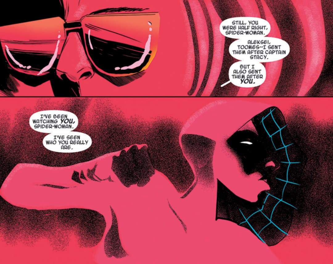 Spider-Woman being watched by her enemies