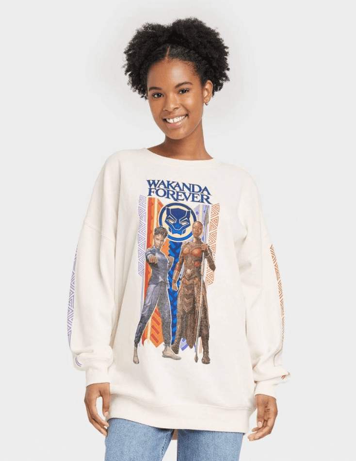  Shop it <a href=https://www.target.com/p/women-s-marvel-wakanda-forever-graphic-sweatshirt-cream/-/A-86389872?preselect=86207179#lnk=sametab>here</a>