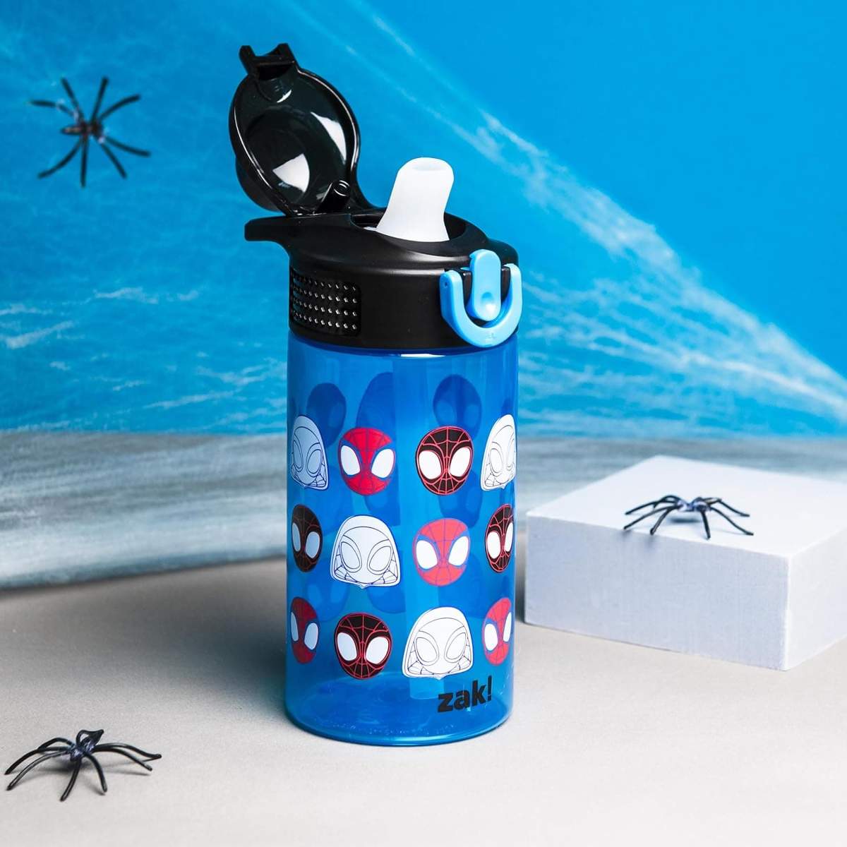 Zak Designs Sage Marvel Spider-Man Water Bottle For School or Travel, 16oz Durable Plastic Water Bottle With Straw, Handle, and Leak-Proof, Pop-Up Spout Cover (Spidey and his Amazing Friends)