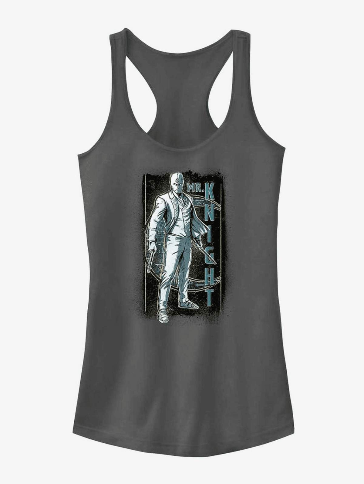 Mr. Knight Grunge t-shirt / shop it <a href=https://www.hottopic.com/product/marvel-moon-knight-mr.-knight-grunge-badge-girls-tank/18437806.html>here</a>