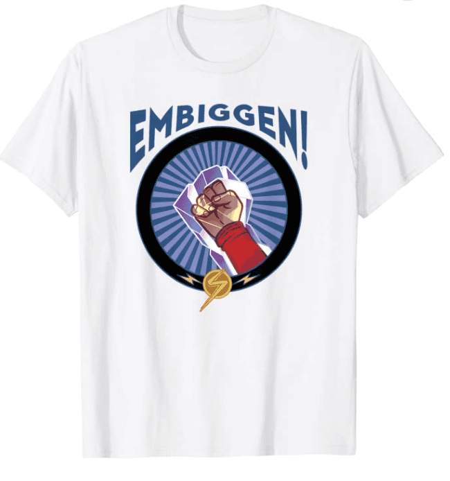Ms. Marvel Embiggen t-shirt / shop it <a href=https://www.amazon.com/Marvel-Embiggen-Fist-Poster-T-Shirt/dp/B09YVXC5MD?ref_=ast_sto_dp&th=1&psc=1>here</a>
