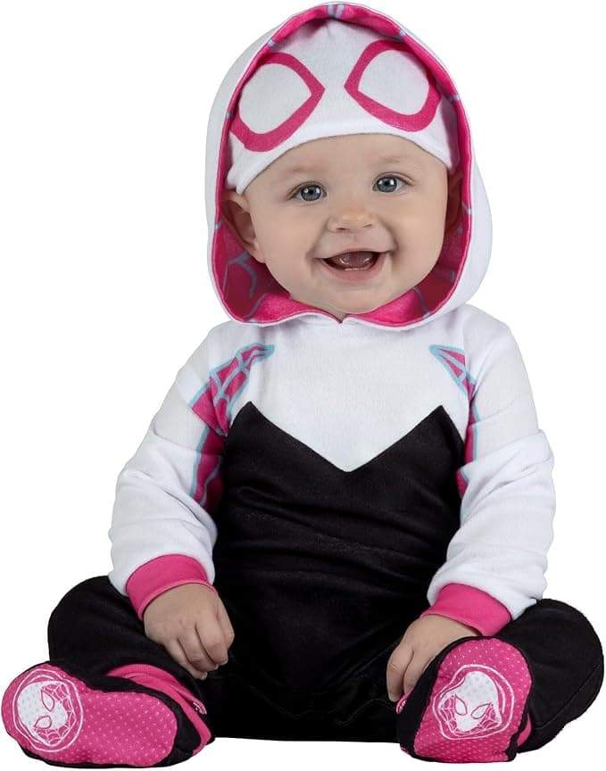 Marvel Spider-Gwen Official Infant Deluxe Halloween Costume - Premium Minky Fabric and Non-Slip Grip Booties