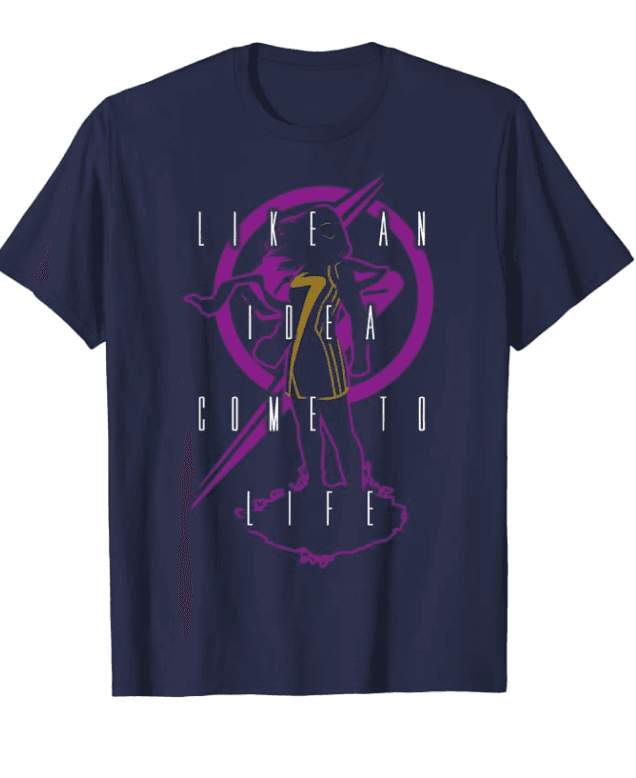 Ms. Marvel idea silhouette t-shirt / shop it <a href=https://www.amazon.com/Marvel-Like-Idea-Silhouette-T-Shirt/dp/B09YWDB2JY?ref_=ast_sto_dp&th=1&psc=1>here</a>