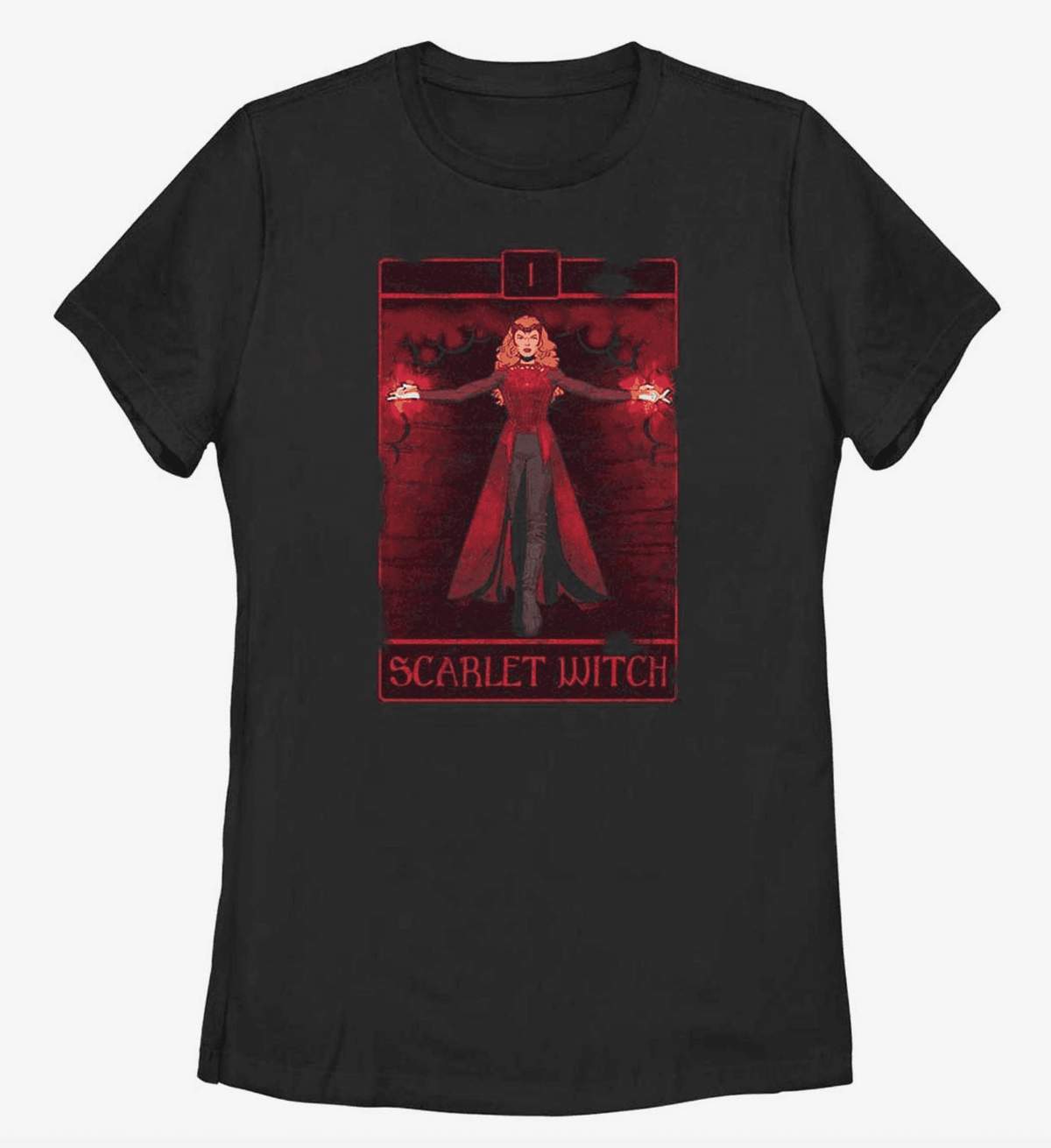 Scarlet Witch Tarot t-shirt / shop it <a href=https://www.boxlunch.com/product/marvel-doctor-strange-in-the-multiverse-of-madness-scarlet-witch-tarot-womens-t-shirt/18804578.html>here</a>