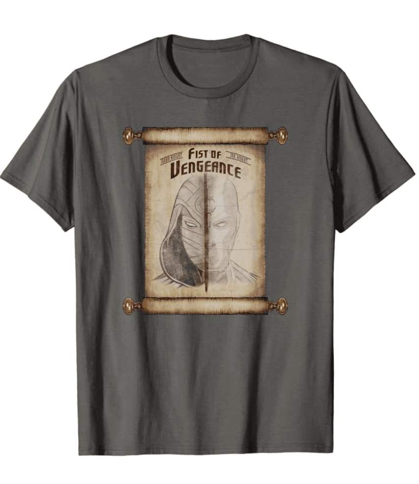 Moon Knight Fist Of Vengeance t-shirt / shop it <a href=https://www.amazon.com/Marvel-Knight-Vengeance-Scroll-T-Shirt/dp/B09TQ2B6VD>here</a>