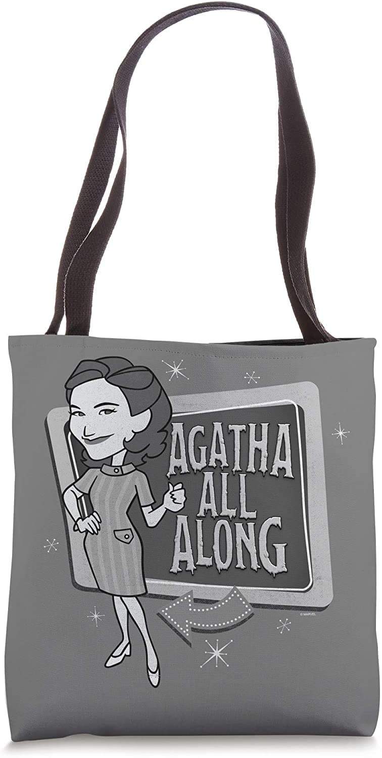 <a href=https://www.amazon.com/Marvel-WandaVision-Agnes-Harkness-Agatha/dp/B08XNB1RLM>Agatha All Along Tote Bag</a> / Amazon