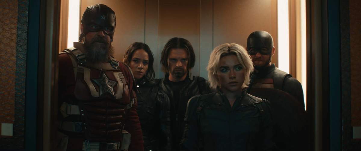 David Harbour, Hannah John-Kamen, Sebastian Stan, Florence Pugh, and Wyatt Russell in 'Thunderbolts*'