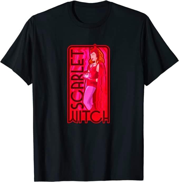 <a href=https://www.amazon.com/Marvel-WandaVision-Scarlet-Witch-T-Shirt/dp/B091F37257>Scarlet Witch Retro Card T-Shirt</a> / Amazon