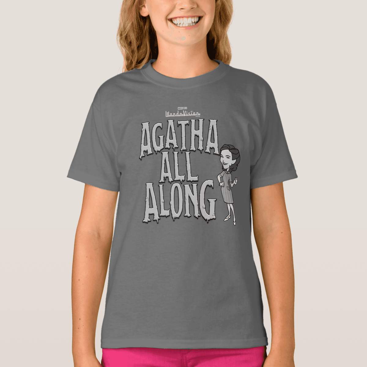 <a href=https://www.zazzle.com/agatha_all_along_t_shirt-235079500831828751>’Agatha All Along’ Girls T-Shirt</a> / Zazzle